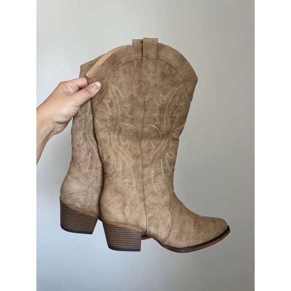 🆕Women Camel Faux Leather Western Cowgirl Chunky Heel Mid Calf Snip Toe Boots - Picture 4 of 10